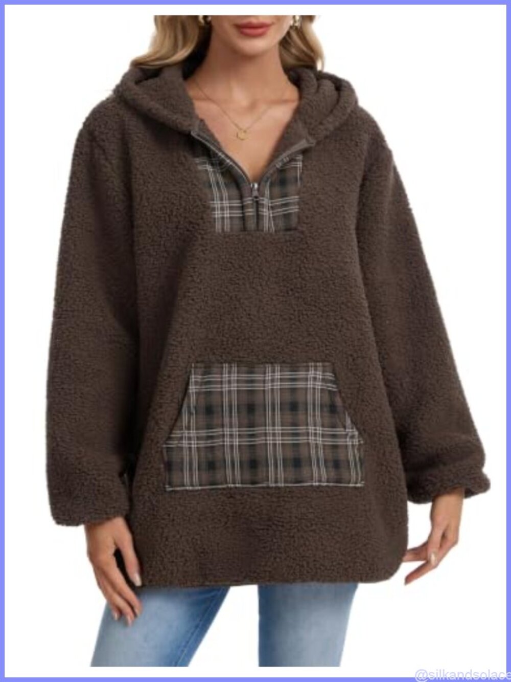 Sherpa Pullover Hoodie Quarter Zip Kangaroo Pocket Oversized Fall Winter
